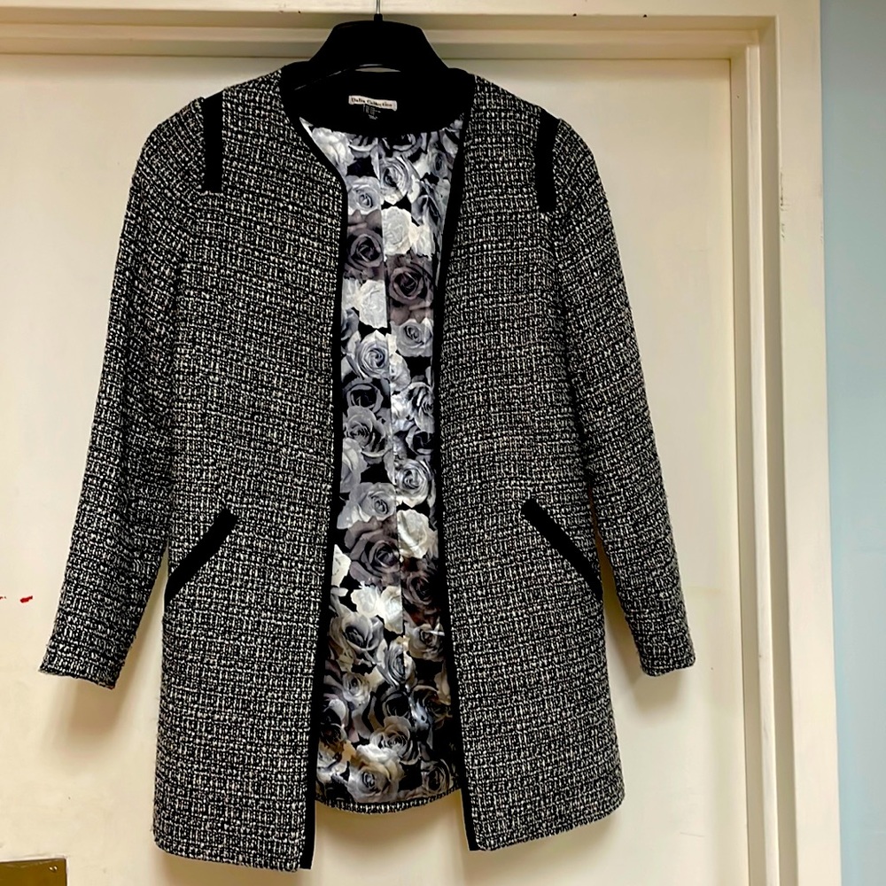 Black & White Tweed Long Jacket with Grey Rose Lining